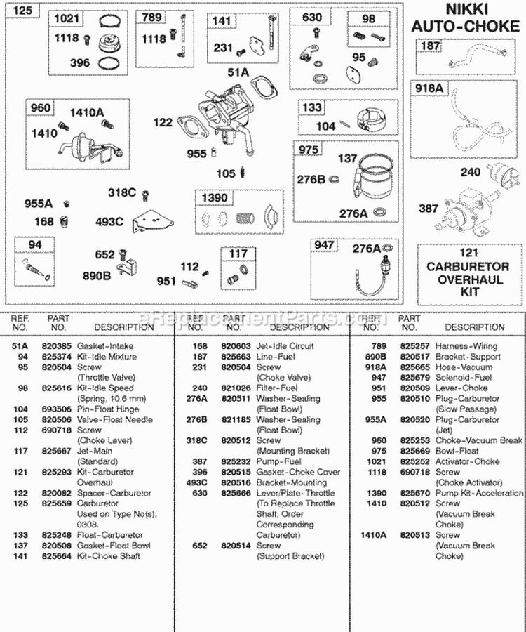 Nikki Auto Choke Carburetor Diagram and Parts List for 589447-0310-99  Briggs and Stratton Engine